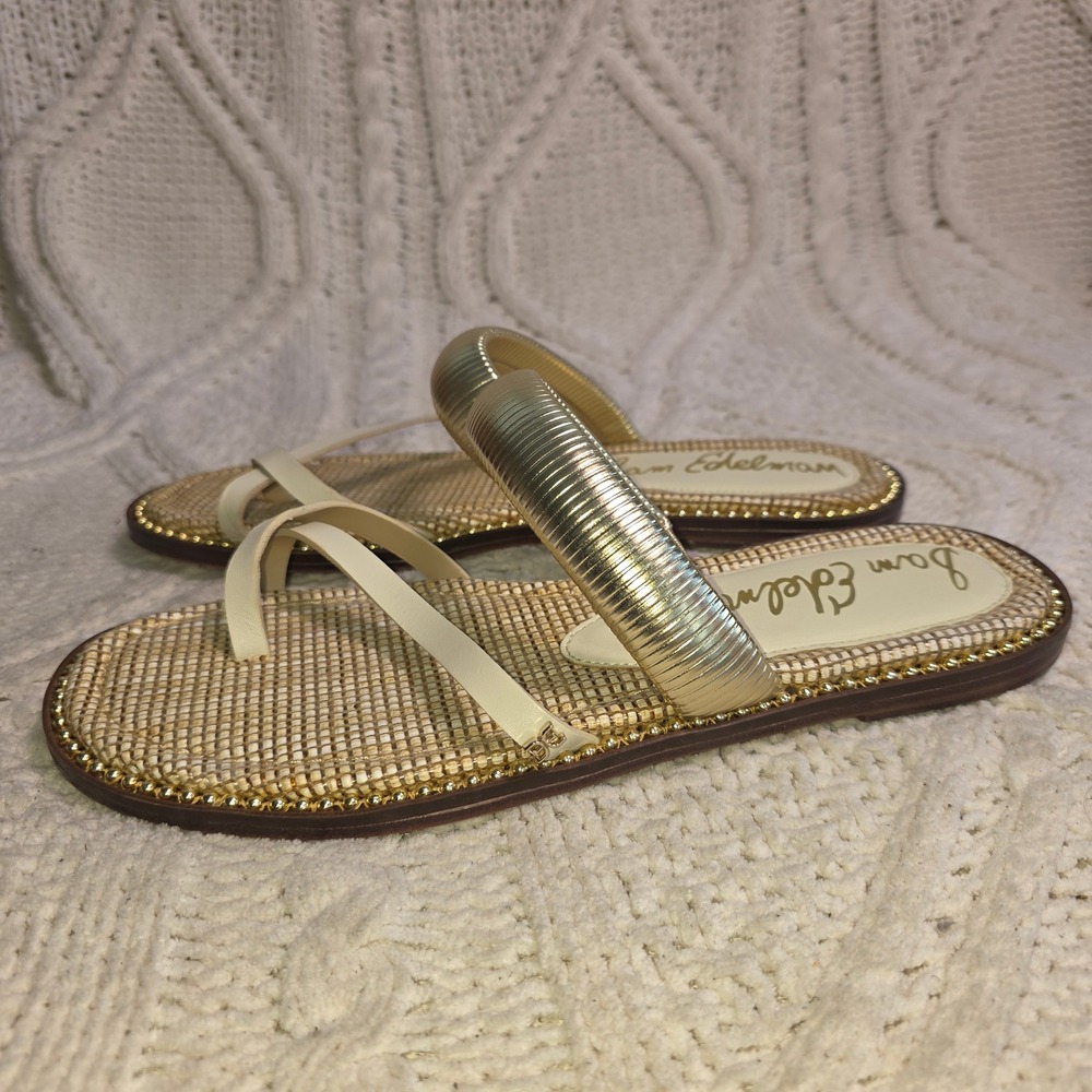 Sam Edelman Tillie Sandals Leather Gold Metallic Raffia Strappy Womens 8.5 - Picture 2 of 4
